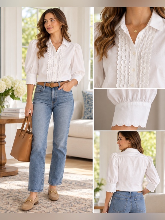 Gretchen Scott Designs Tops - Gretchen Scott White Ruffle Front Cotton Blouse Size Small